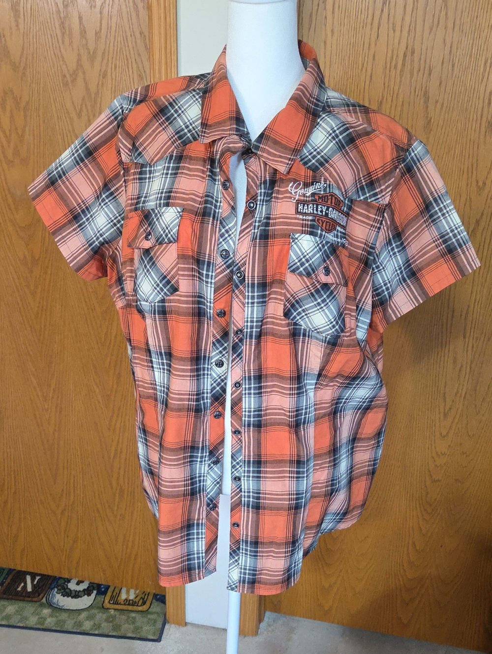 #11 Harley-Davidson Orange Black White Plaid Button-Front Shirt